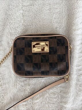 Michael Kors Gold Plaque Brown Checkered Mini Crossbody Bag